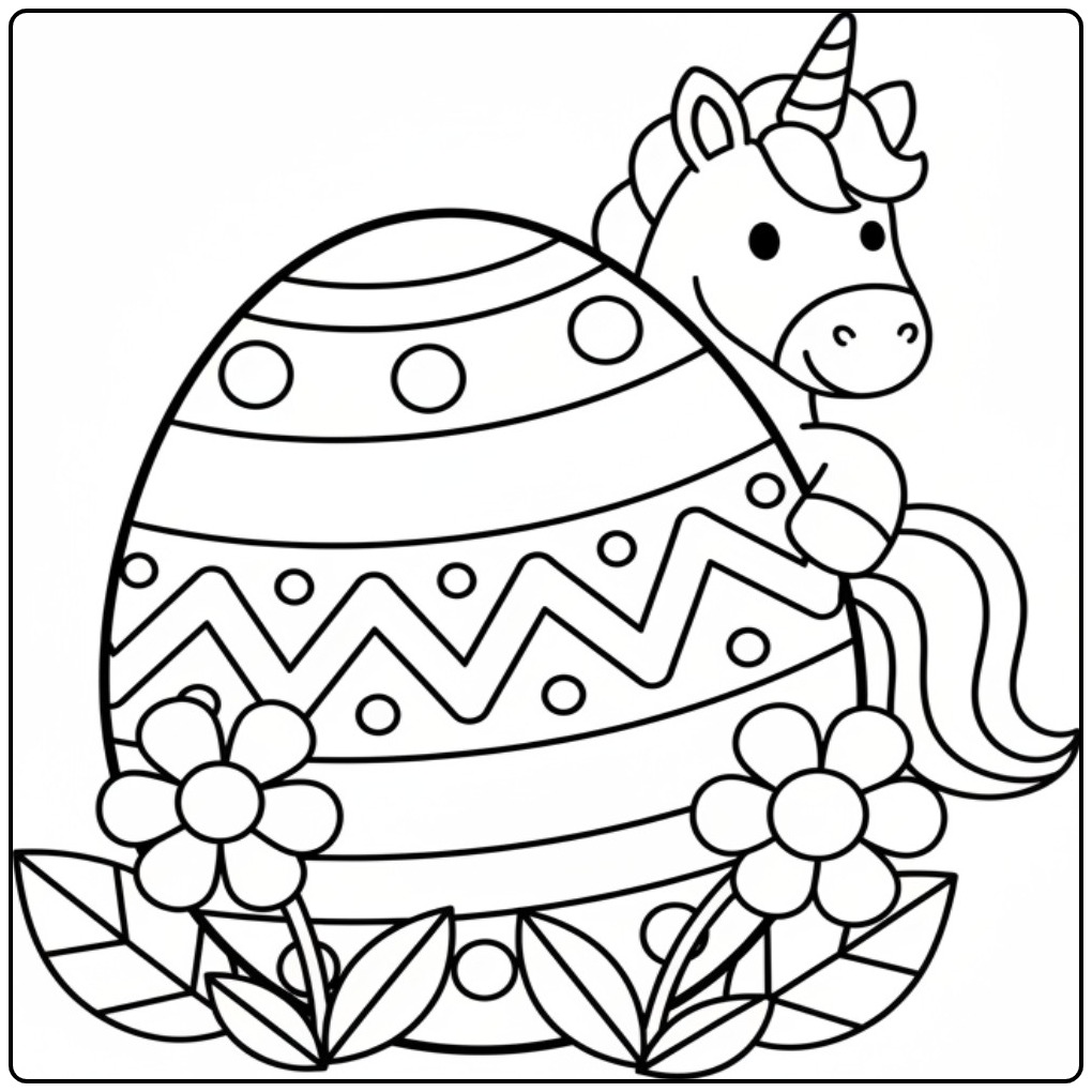 Adorable coloriage licorne paques cachée derrière un œuf de Pâques.