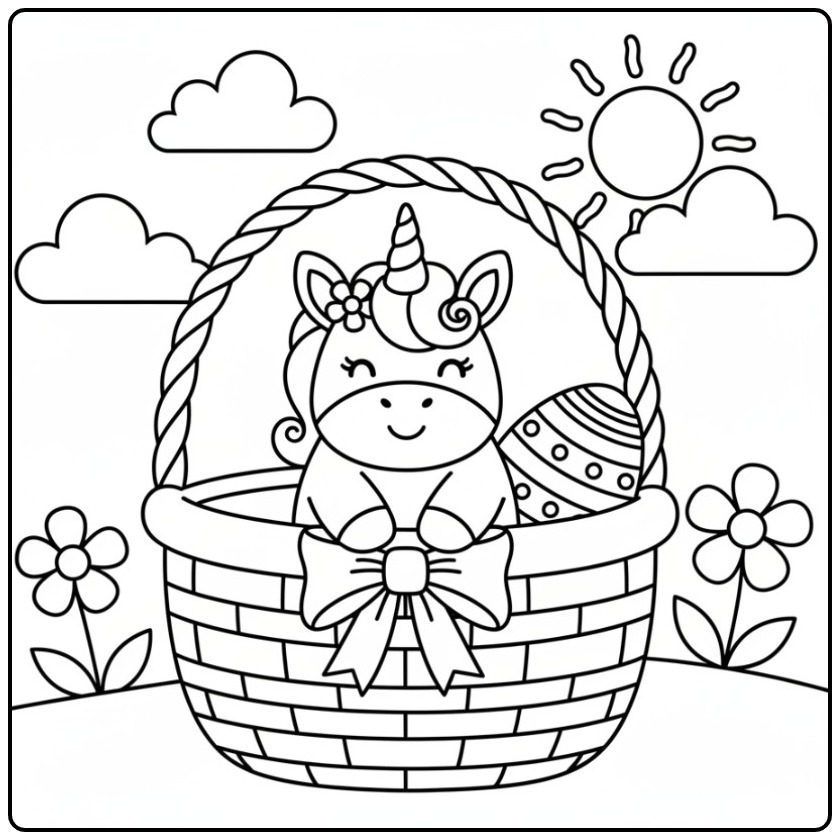 Coloriage licorne paques: licorne dans panier avec œuf et fleurs.