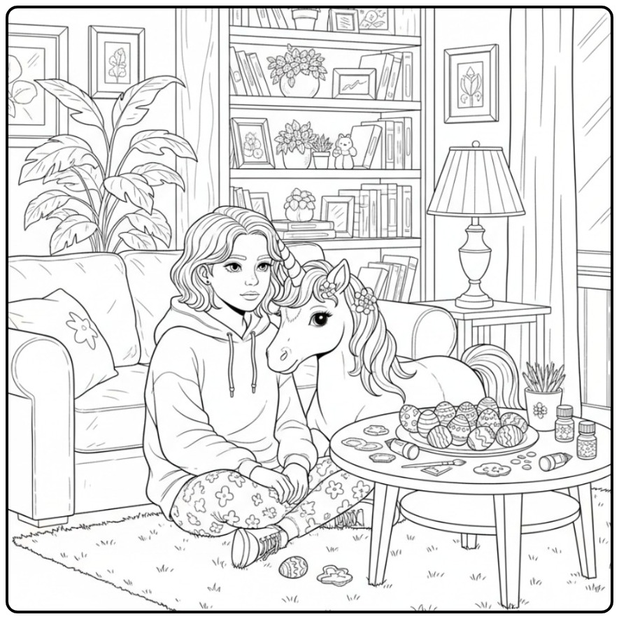 coloriage licorne paques et fille peignant des œufs de Pâques