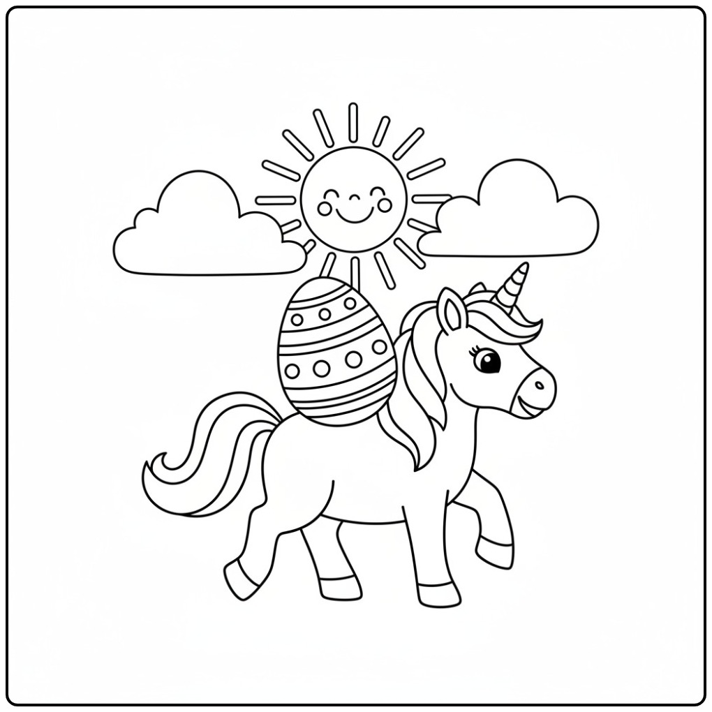 Coloriage licorne paques, un oeuf de Pâques sur son dos sous le soleil.