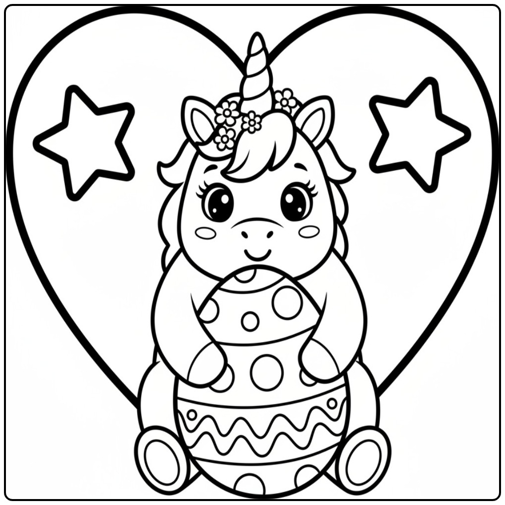 Ador coloriage licorne paques avec œuf, cœur et étoiles.