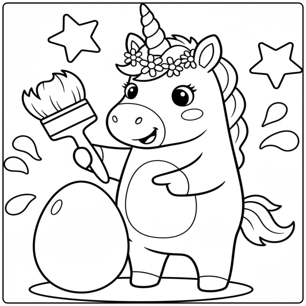 coloriage licorne paques: une licorne peint un œuf pour Pâques.