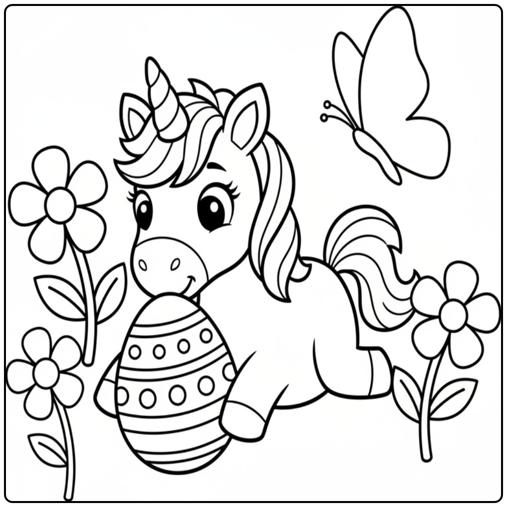 Joli coloriage licorne paques avec œuf, fleurs et papillon.