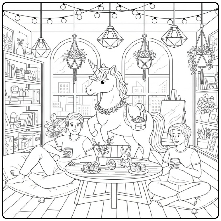 Adorable coloriage licorne paques avec amis et œufs festifs.