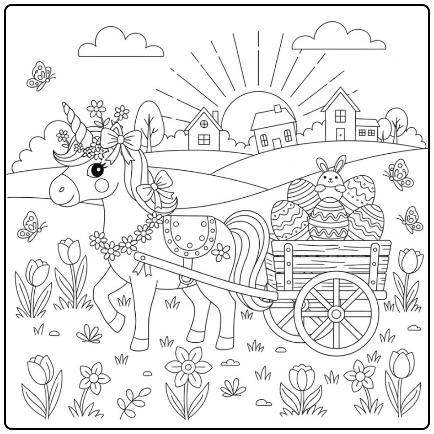 Coloriage licorne Pâques avec panier œufs, lapin et fleurs au soleil printanier.