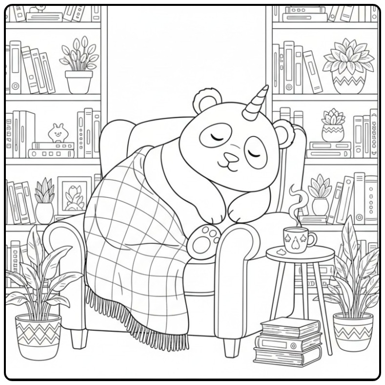 Un adorable coloriage panda licorne qui fait la sieste au chaud.