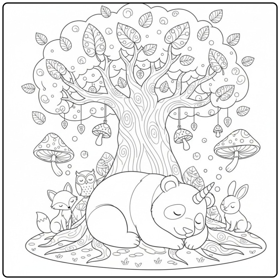 Adorable coloriage panda licorne qui dort sous un arbre magique.