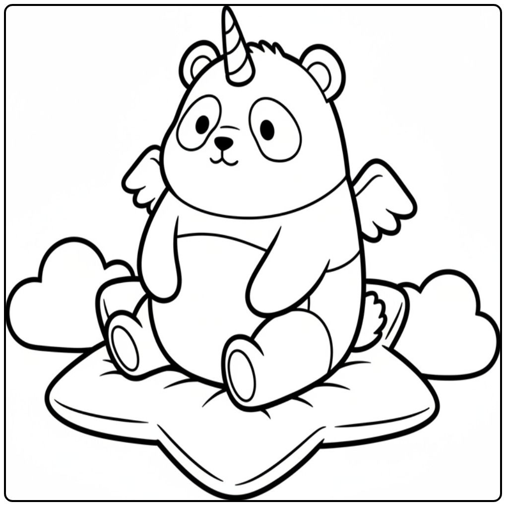 Un adorable coloriage panda licorne avec des ailes et des nuages.