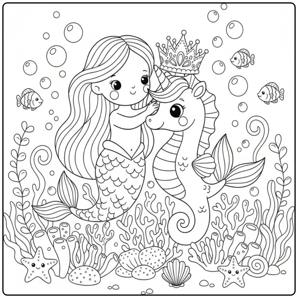 Coloriage sirène et hippocampe licorne avec une couronne.