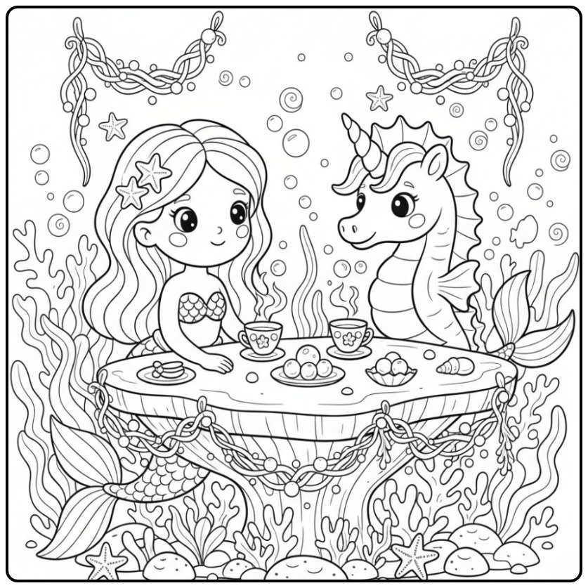 Joli Coloriage sirène et hippocampe licorne prenant le thé.
