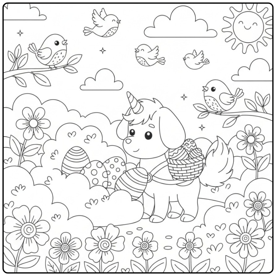 Coloriage chien licorne de Pâques joyeux, ramassant des œufs colorés.