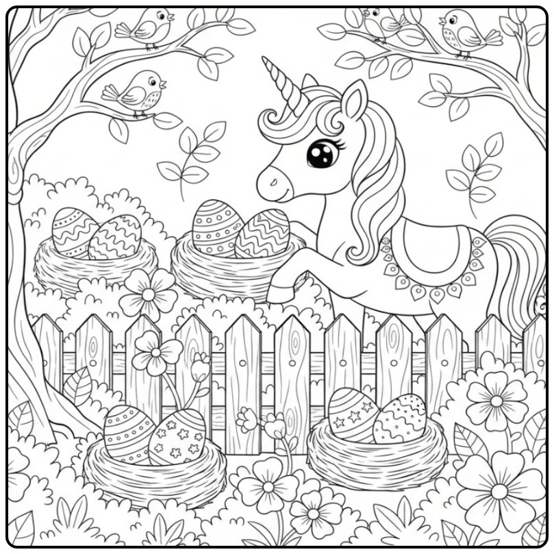 Coloriage licorne paques dans un jardin fleuri avec des œufs décorés