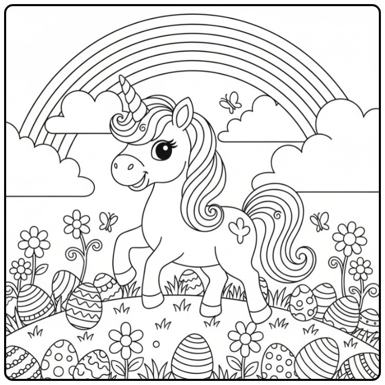 Coloriage licorne de Pâques et arc-en-ciel avec œufs décorés.