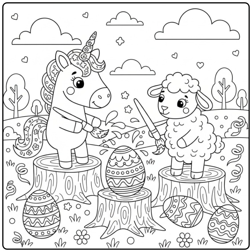 Un magnifique coloriage licorne paques, une licorne et un agneau.