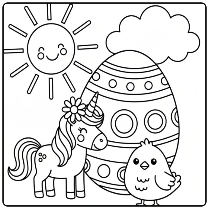 coloriage licorne paques avec poussin, soleil et œuf décoré