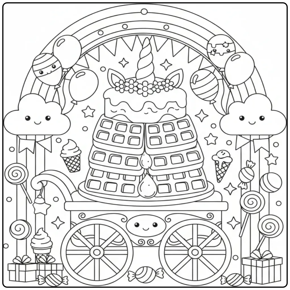 Joyeuse fête foraine Coloriage gateau licorne et arc-en-ciel.