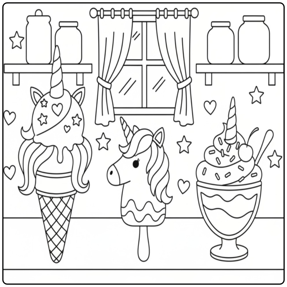 Un délicieux assortiment à imprimer de coloriage glace licorne.