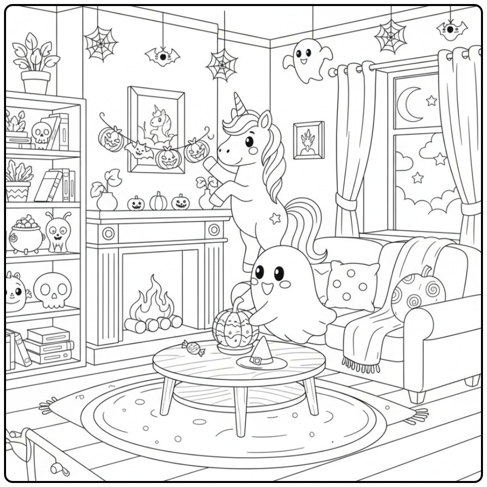 Scène festive à imprimer Coloriage licorne Halloween et fantôme
