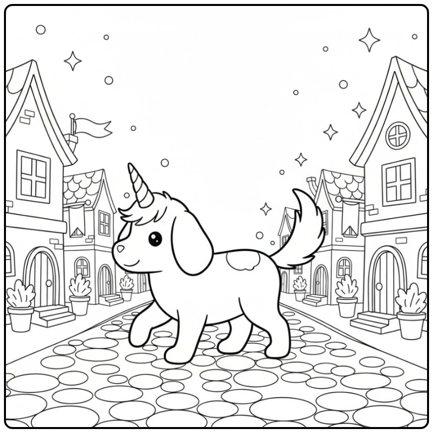 Joli coloriage chien licorne se promenant dans un village magique.