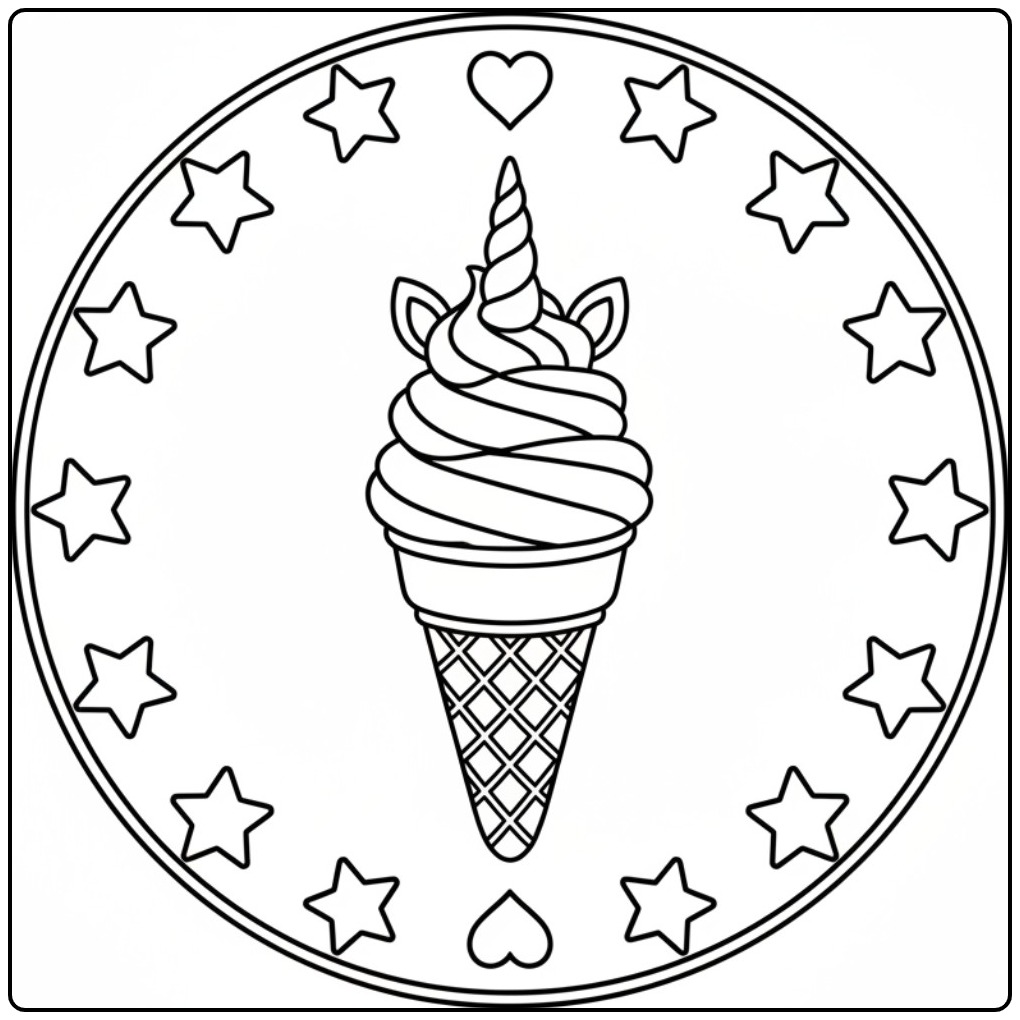 Un joli coloriage glace licorne entouré d'étoiles magiques.