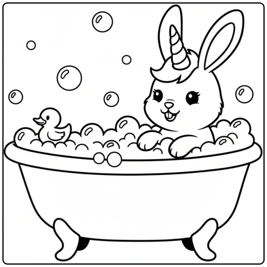 Un adorable coloriage lapin licorne prenant un bain moussant.