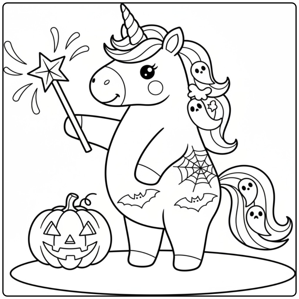 Un mignon coloriage licorne halloween avec une citrouille.