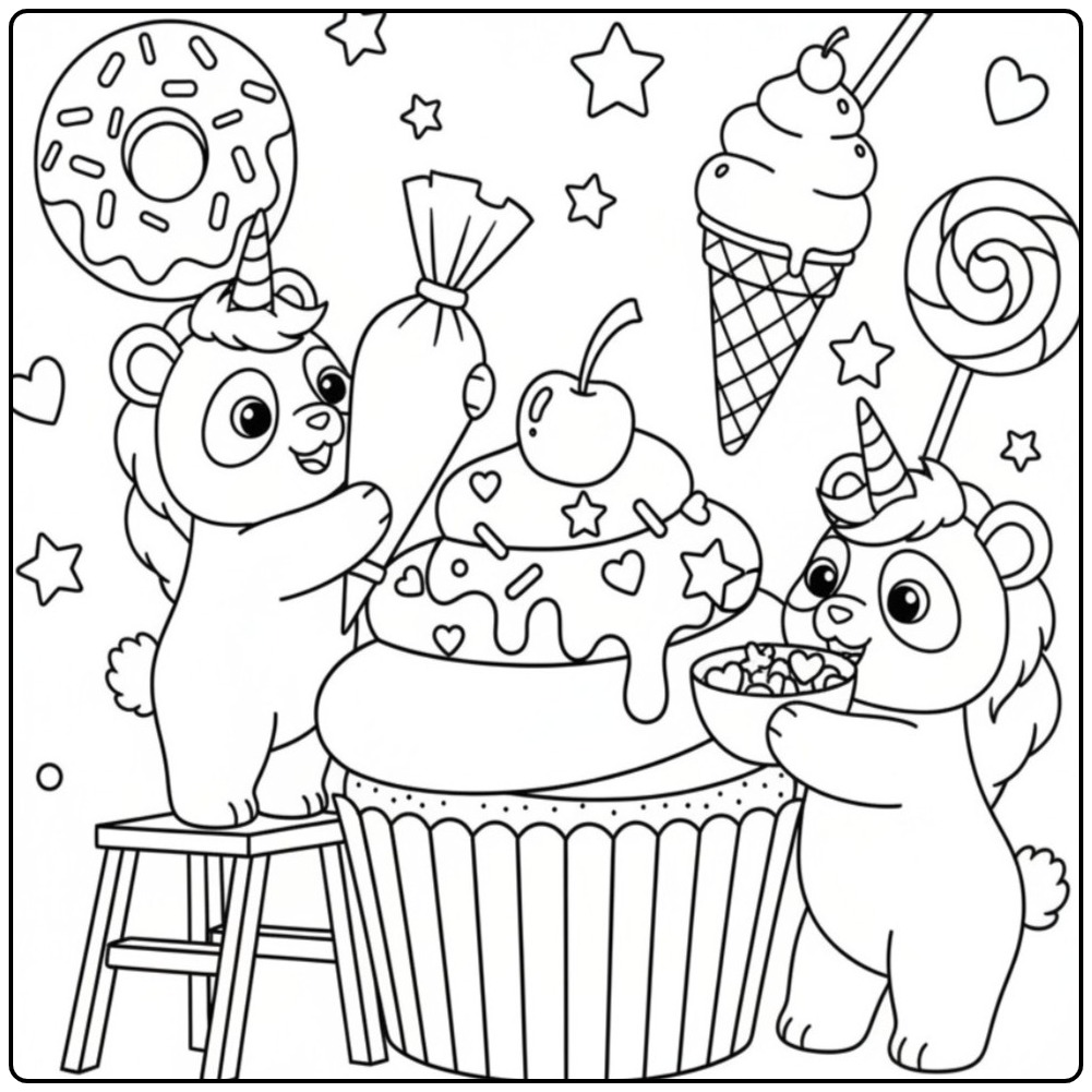 Un mignon coloriage panda licorne décorant un cupcake géant.