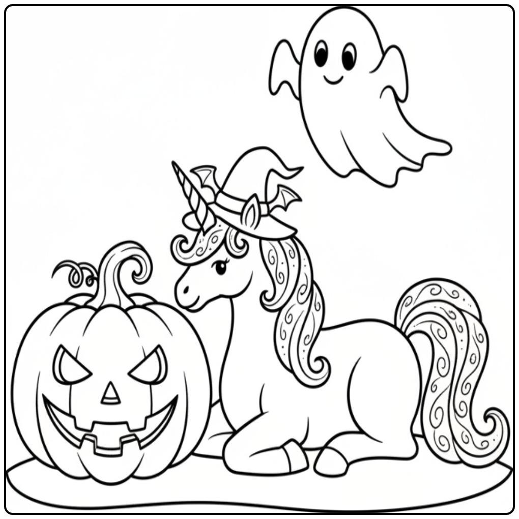 Une licorne avec un chapeau de sorcière, un coloriage licorne halloween.