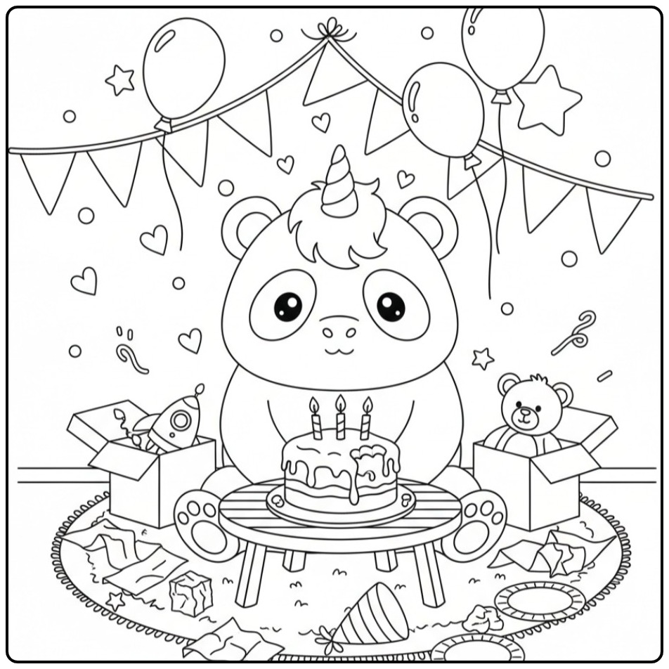 Adorable Coloriage d’anniversaire panda licorne avec cadeaux.