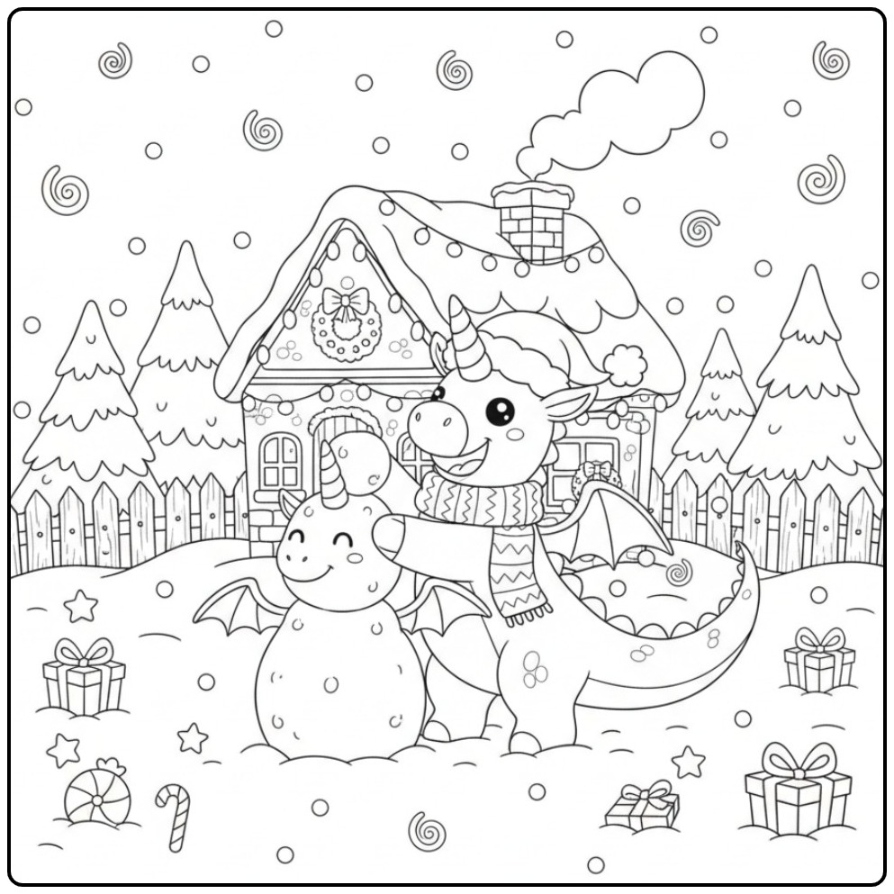 Joyeux Coloriage de Noël dragon licorne et son bonhomme de neige.