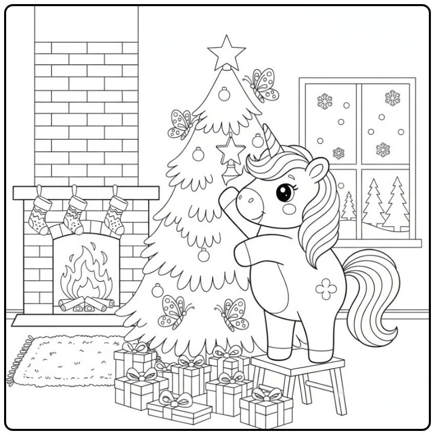 Jolie scène de Coloriage de Noël licorne papillon à imprimer.