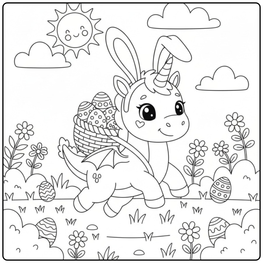 Joli Coloriage de Pâques dragon licorne et ses œufs colorés.