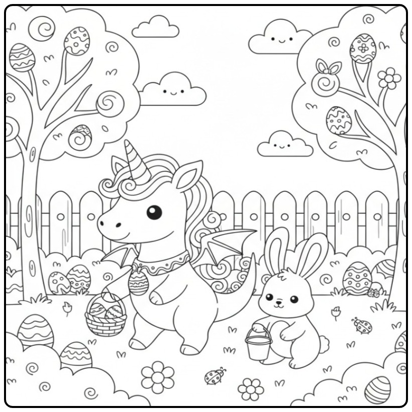 Un joyeux Coloriage de Pâques dragon licorne et son ami lapin.