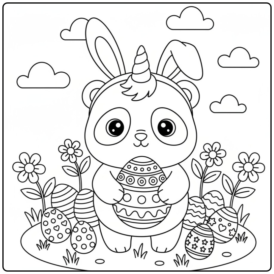 Adorable Coloriage de Pâques panda licorne avec des œufs.