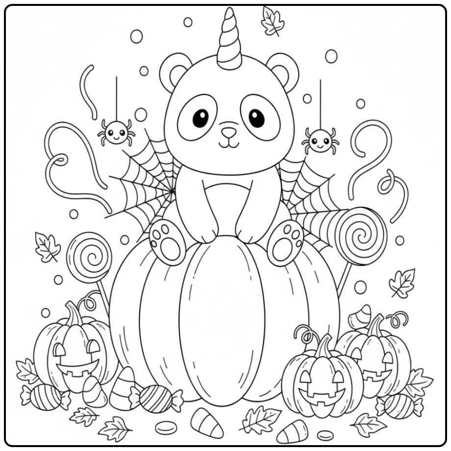 Adorable Coloriage d’Halloween panda licorne sur une citrouille.