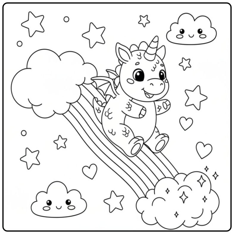 Coloriage dragon licorne et arc-en-ciel glissant dans le ciel.