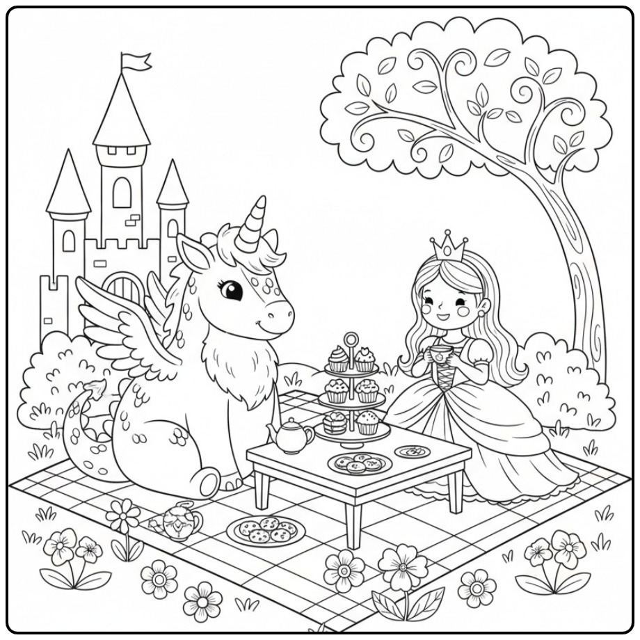 Scène de Coloriage dragon licorne et princesse lors d'un goûter.