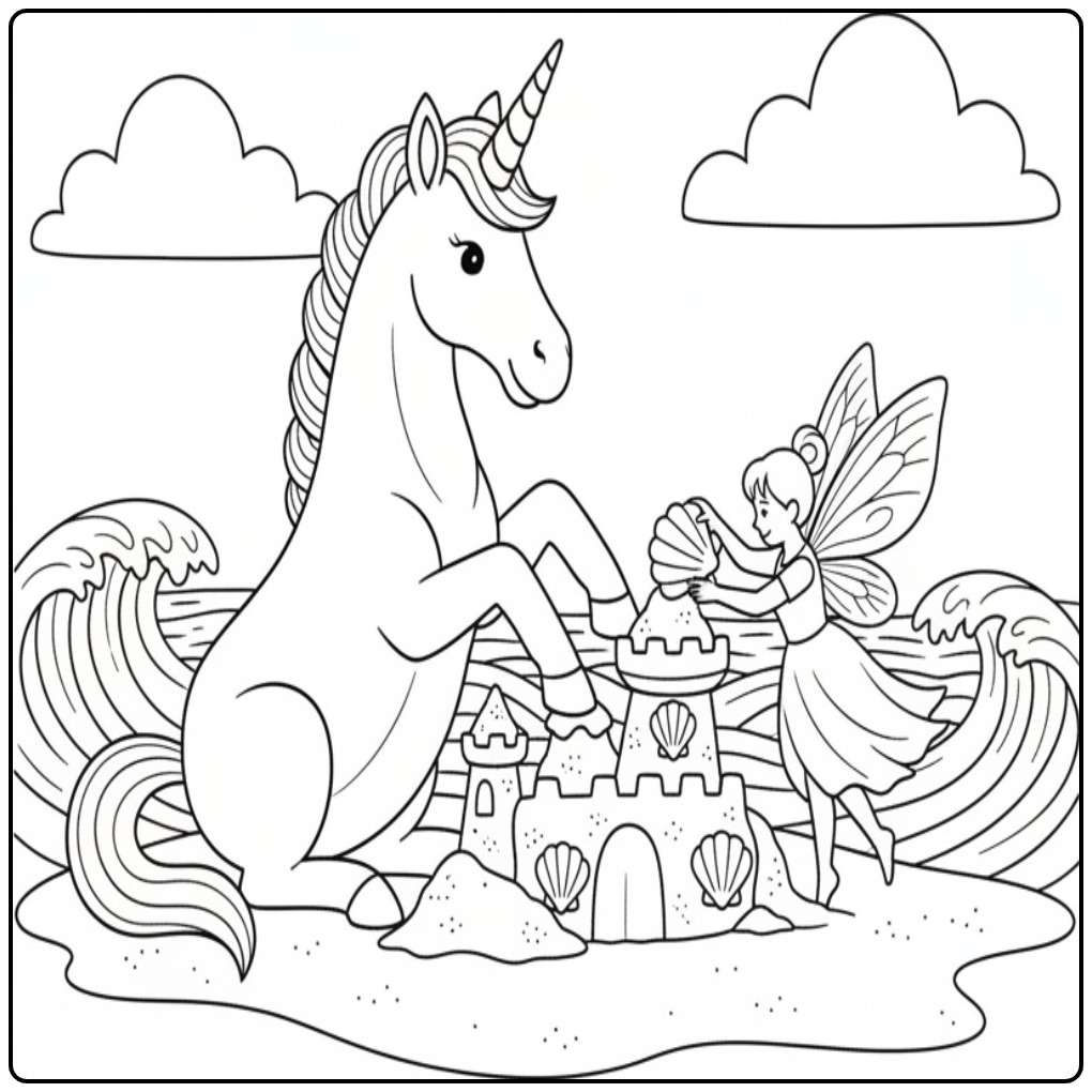 Amusant coloriage fée licorne sur une plage avec un château.