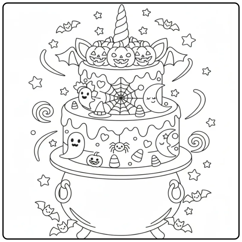Un adorable Coloriage gateau Halloween licorne avec citrouilles.