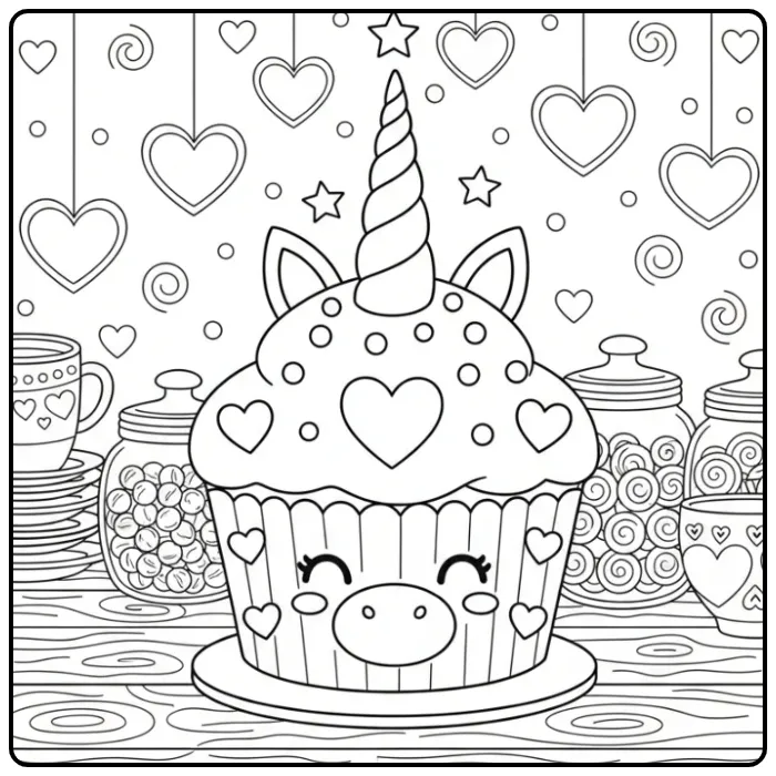 Adorable Coloriage gateau licorne avec des cœurs dans une jolie boutique.