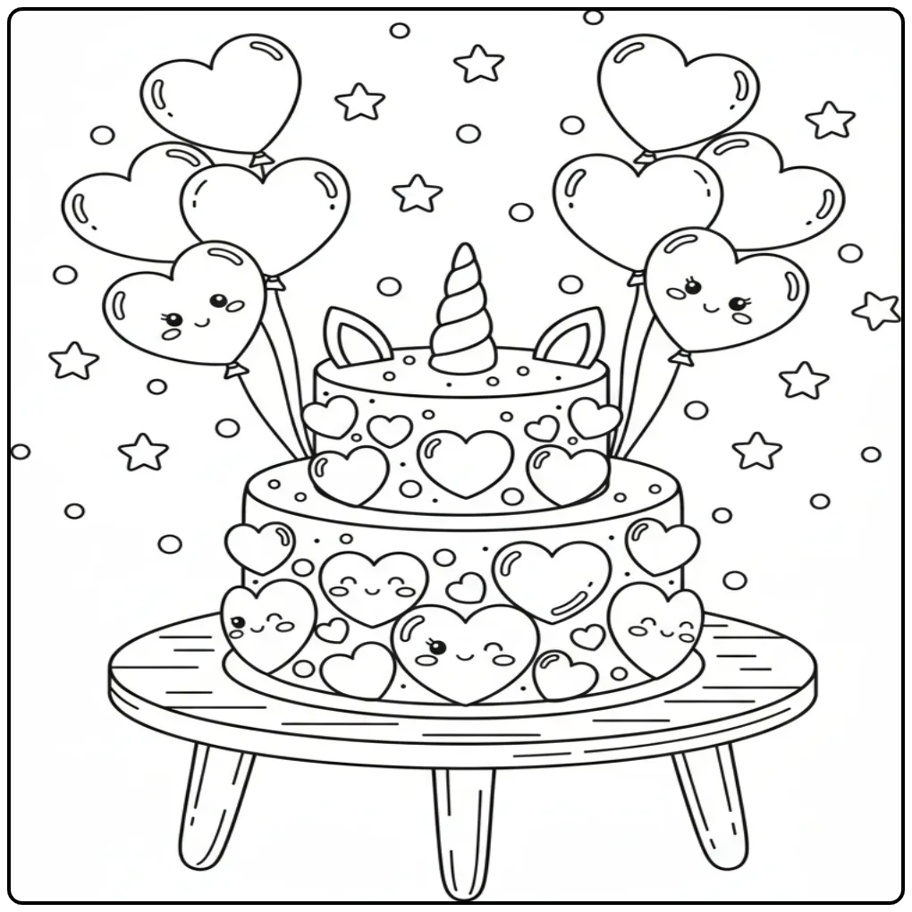 Joli Coloriage gateau licorne avec des cœurs et ballons.