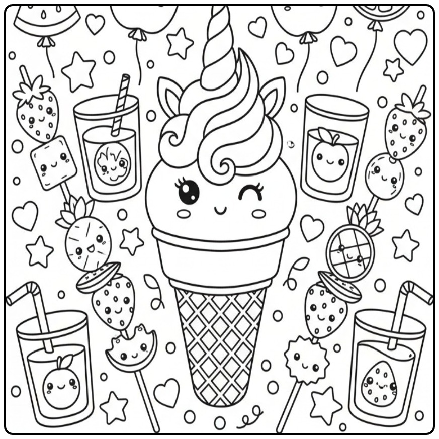 Joli Coloriage glace licorne avec topping fruits et boissons.