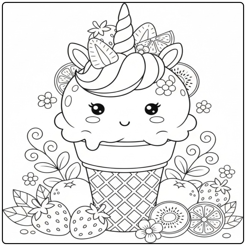 Un joli Coloriage glace licorne avec topping fruits et fleurs.
