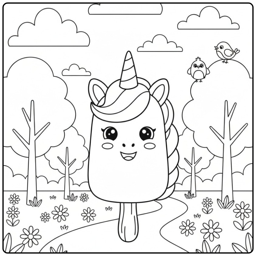 Coloriage glace licorne bâtonnet dans un décor de forêt.