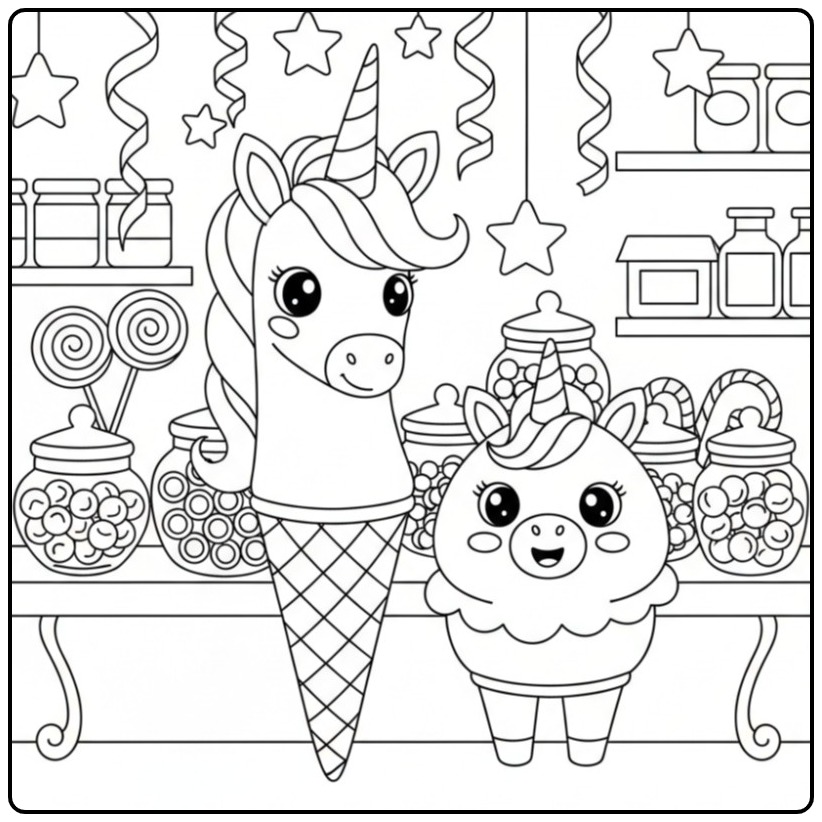 Joli Coloriage glace licorne en cornet et son ami cupcake.