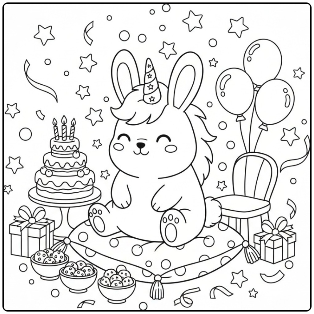 Adorable Coloriage lapin licorne anniversaire à imprimer.