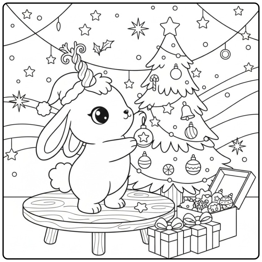 Un mignon dessin Coloriage lapin licorne de Noël à imprimer.