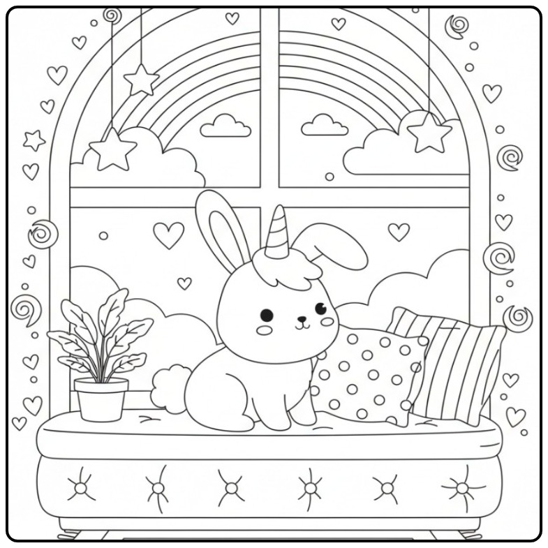 Adorable Coloriage lapin licorne et arc-en-ciel à imprimer.