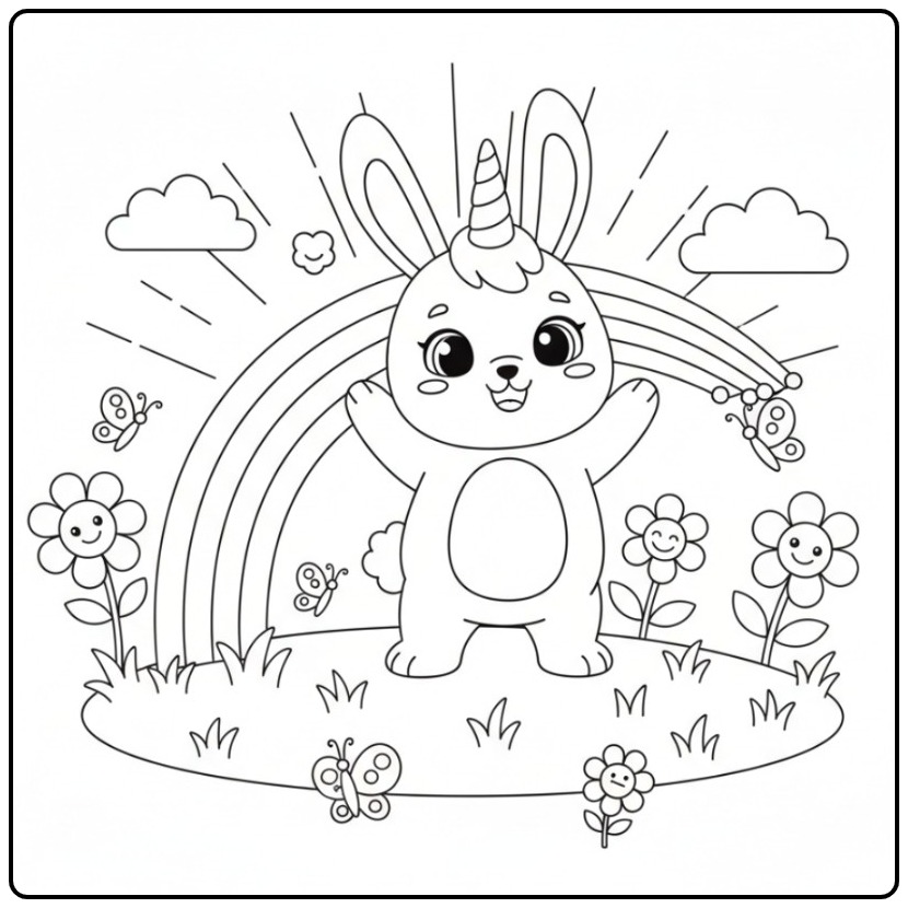 Joyeux Coloriage lapin licorne et arc-en-ciel à imprimer.