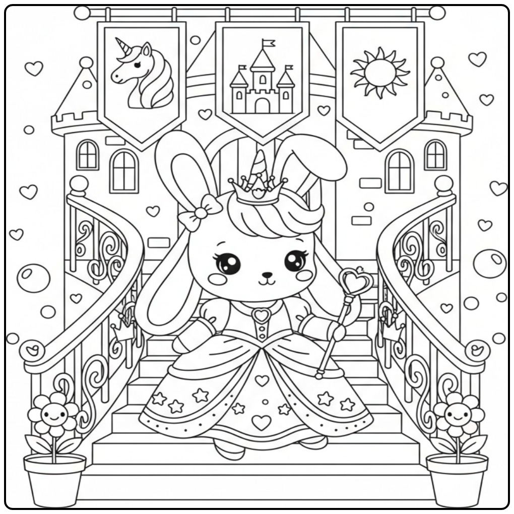 Joli Coloriage lapin licorne princesse devant son château.